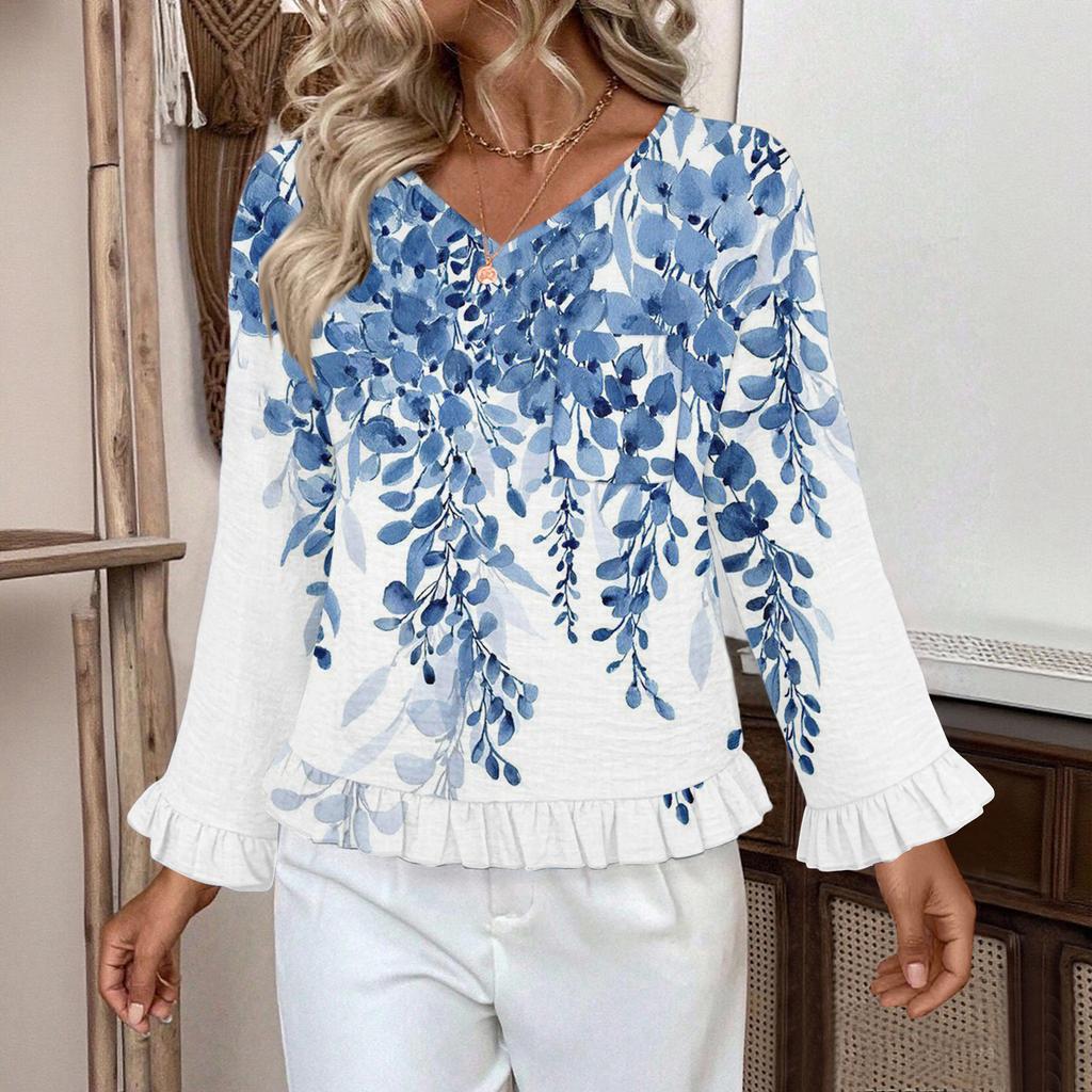 Women's Casual Fashion Ruffle V-Neck Pocket Print Long Sleeve Top