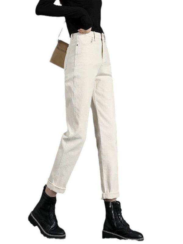 Off-White Women's High Waist Velvet-Lined Slimming Cropped Harem Jeans