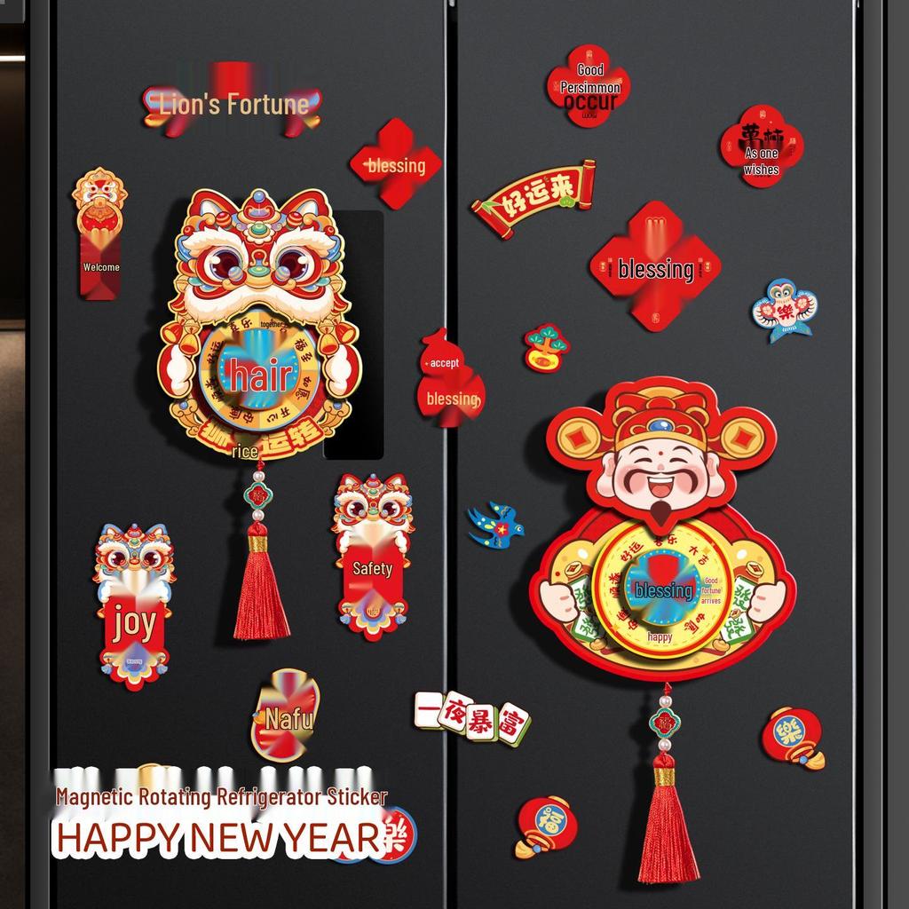 2026 Chinese Style God of Wealth Magnetic Rotating New Year Refrigerator Sticker Decoration