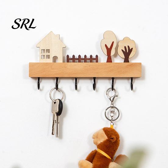 Pet Leash Holder Wooden Key Holder, Solid Wood Organizer with 6 Hooks, Modern Decorative Wall Hooks Mounted Hanger for Entryway Kitchen And