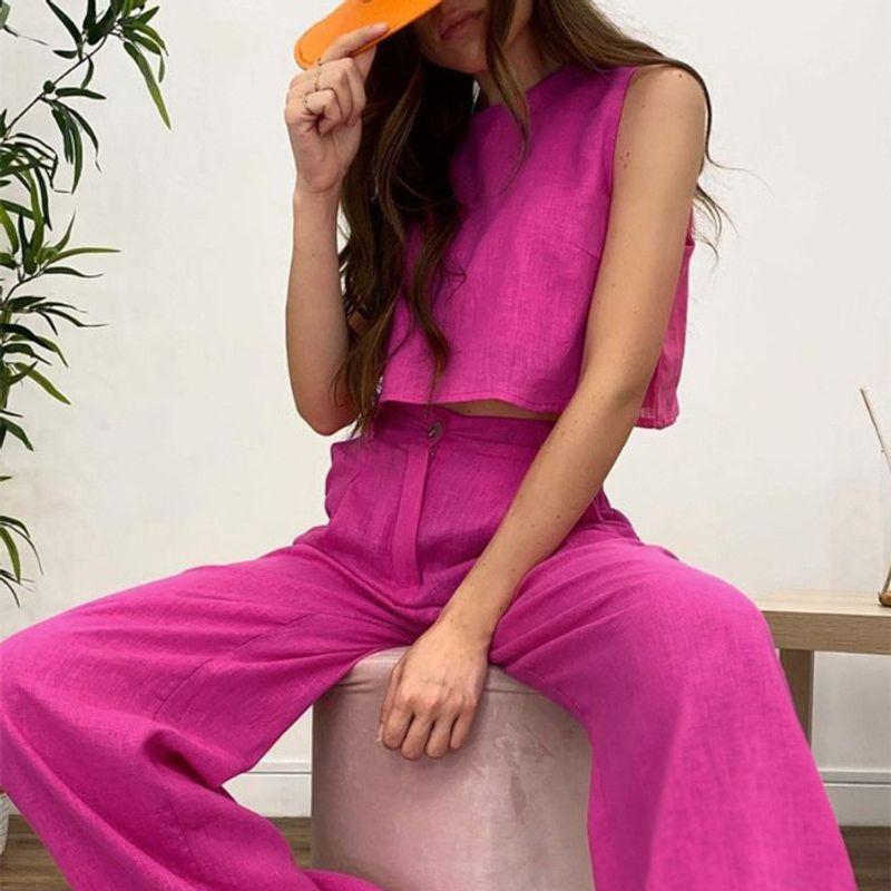 

round Neck Sleeveless Sleeveless Vest Pants Suit Rose Red XXXXL