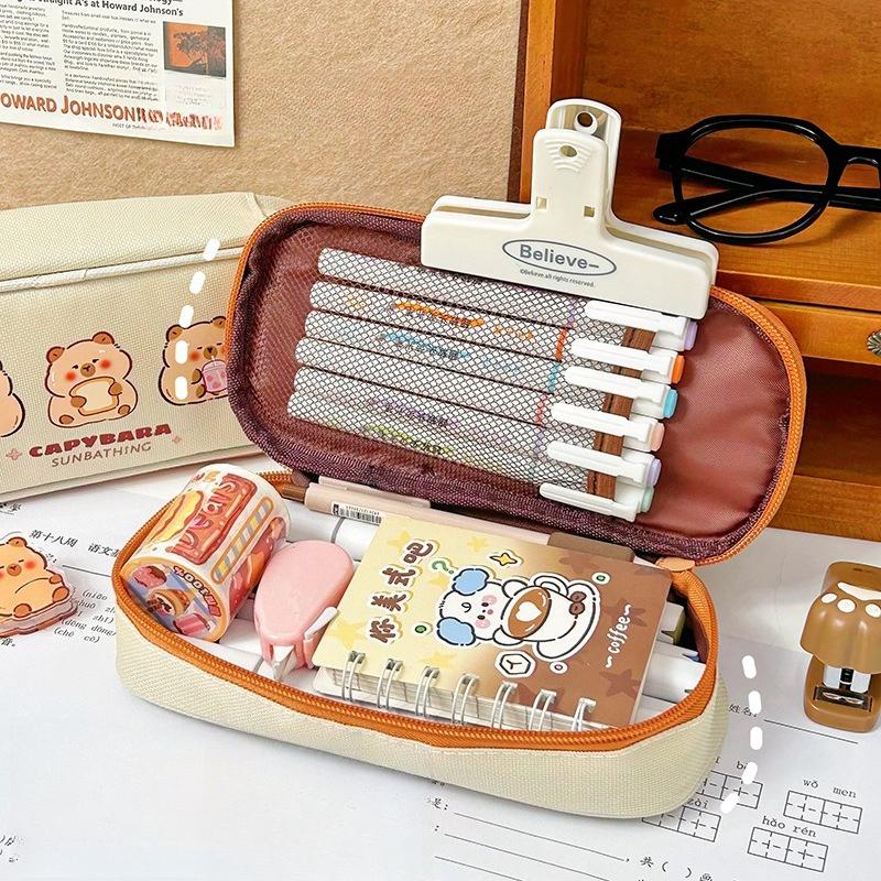 School Supplies Kapibara Canvas Pencil Case Cute Large Capacity Student Simple Pencil  Girl Heart Stationery Box Kawai Gift