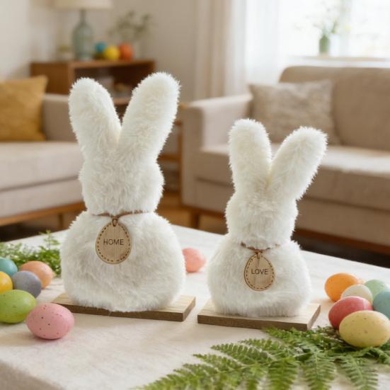 2 st Pälsklädda Kaninfigurer Påsk Plysch Vita Kaniner på Träbas för Vårfest Hemma Kontor Bordsskiva Dekoration