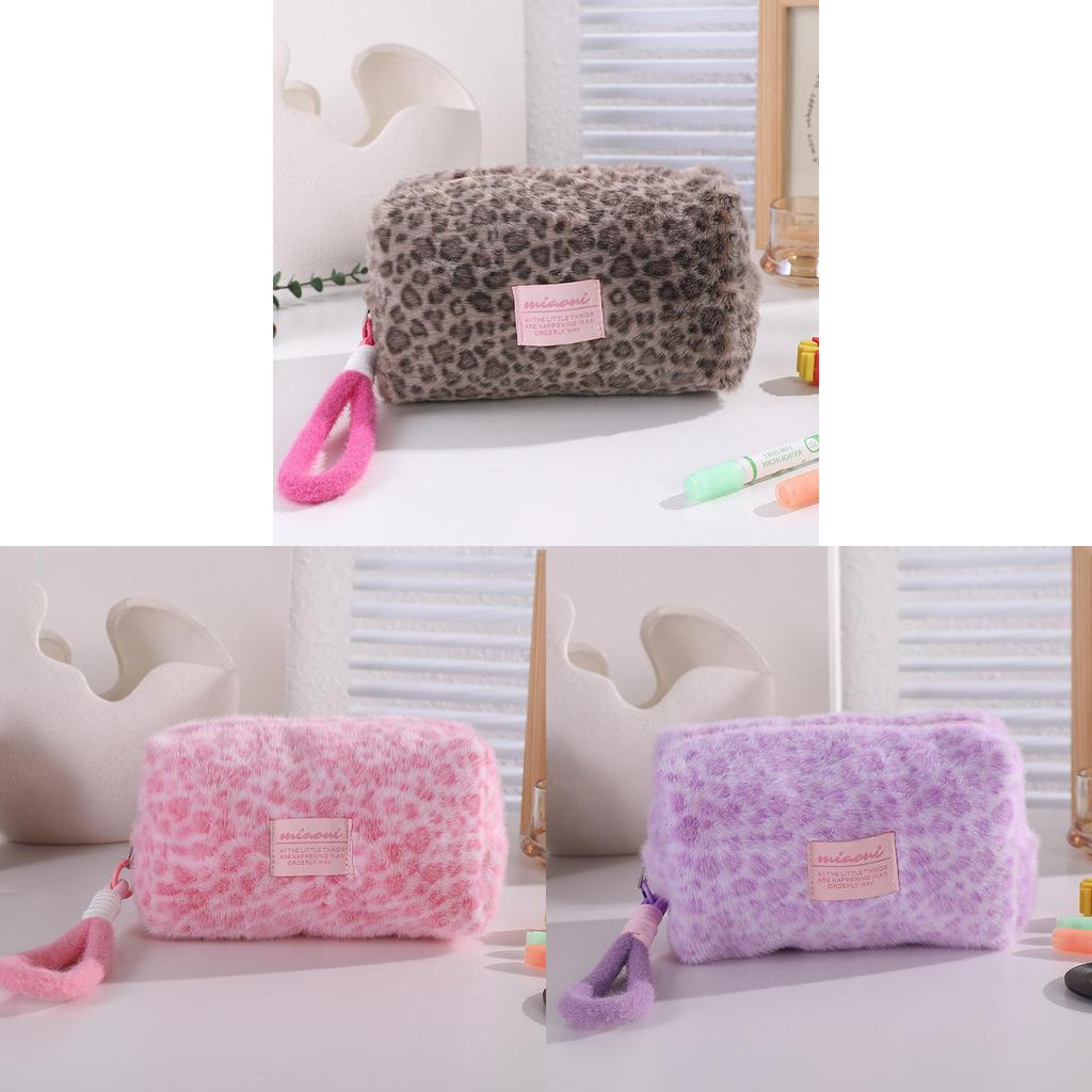 Leopard Print Plush Makeup Bag With Foldable Design For Travel And Storage