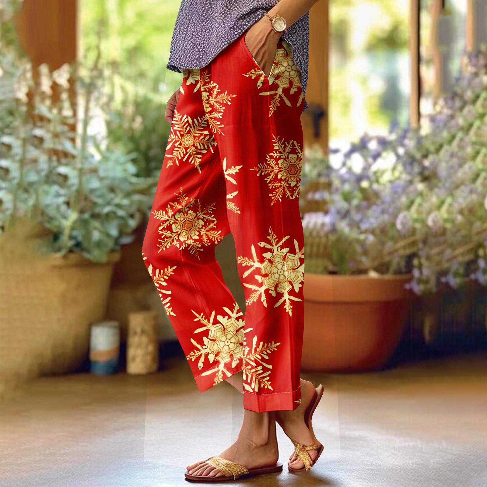 

Женские модные повседневные брюки с прямыми карманами и эластичной талией с рождественским принтом XL киноварь