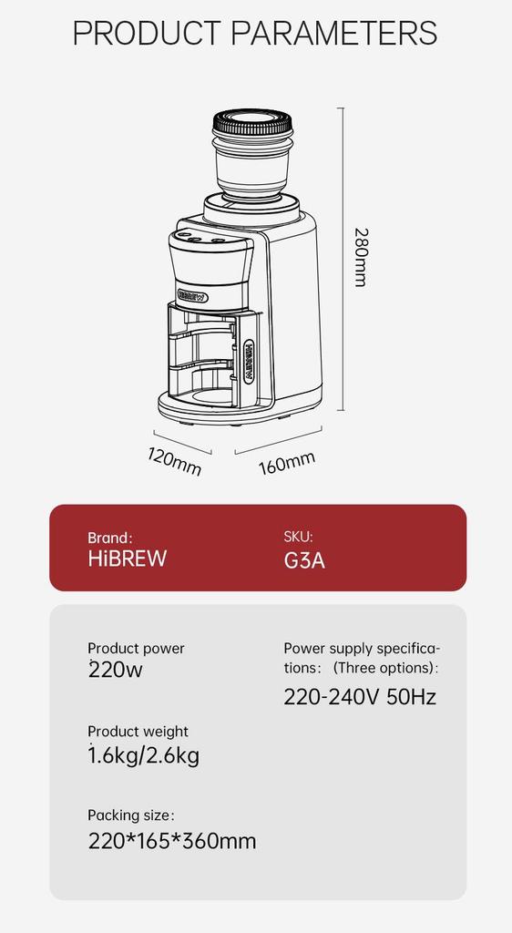HiBrew G3A Jednościerna Młynek do Kawy 31 Poziomów Mielenia Dwustronny Silikonowy Dmuchawa Powietrza Uruchamianie Jednym Kluczem