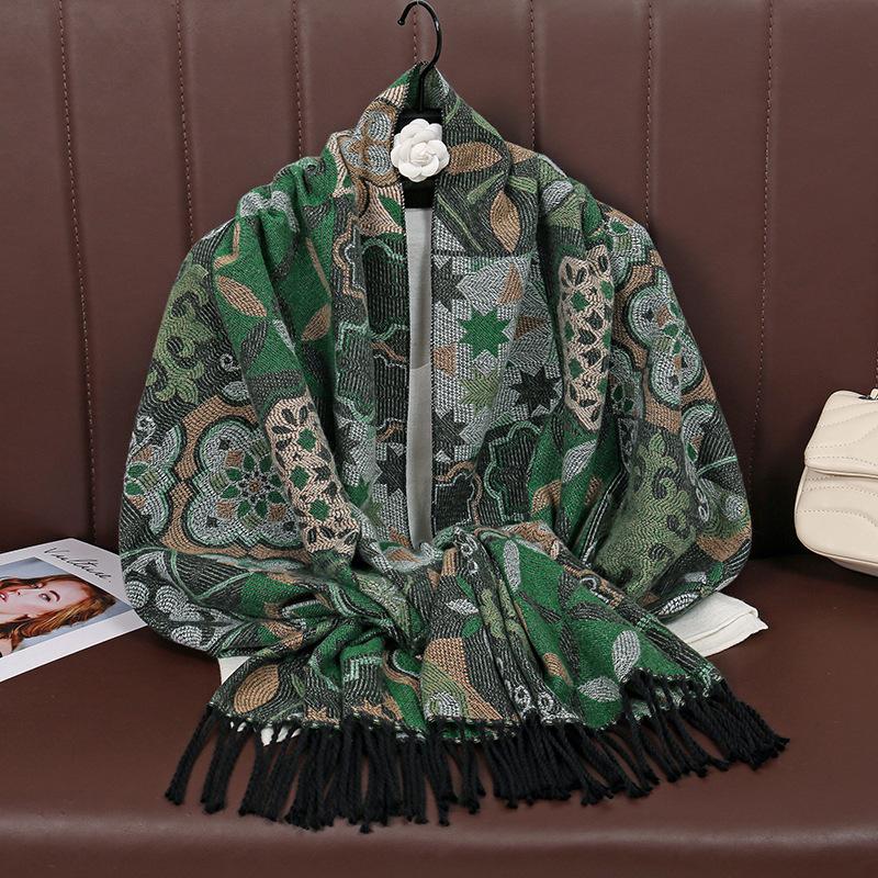 

Geometric Flower Jacquard Long Towel Warm Polyester Scarf Ethnic Style Long Fringed Shawl 66*180cm