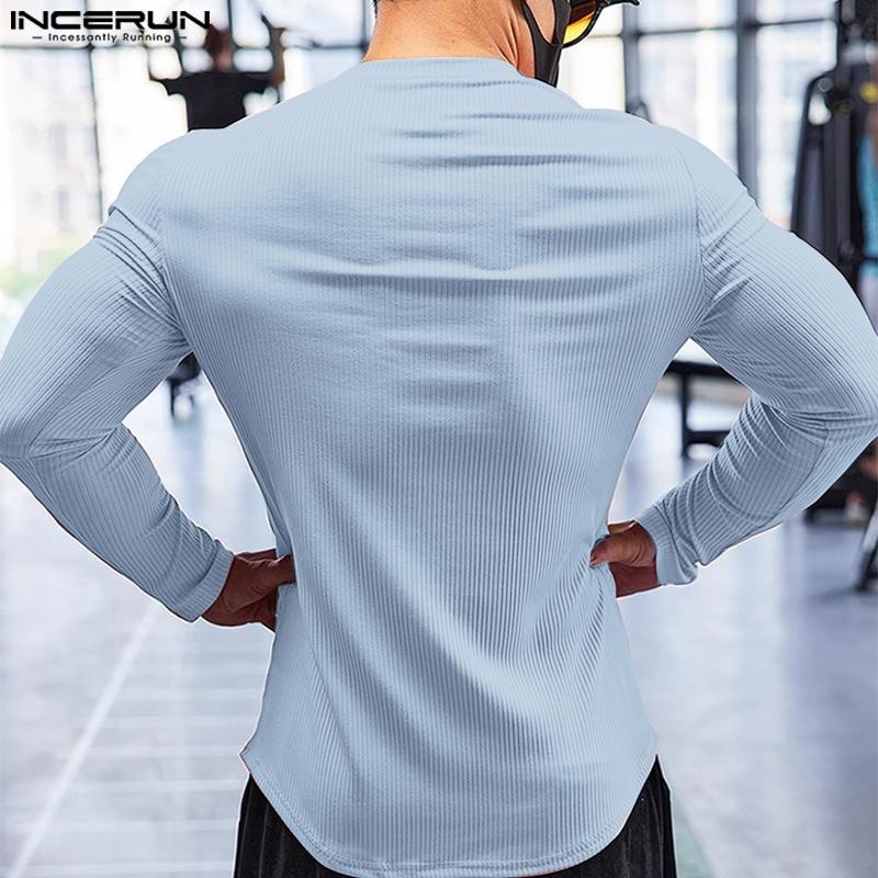 INCERUN Men Round Neck Long Sleeve Rib Casual Fitted Tops T-shirts Undershirts