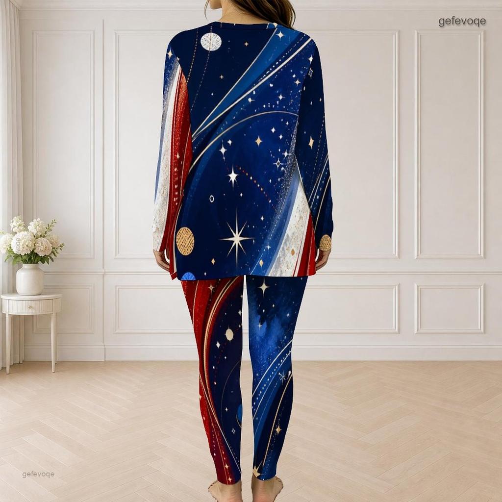 Women Plus Size Two Piece Pants Set Half Zip Long Sleeve Blue Star Printed Longline Top Fitted Pants