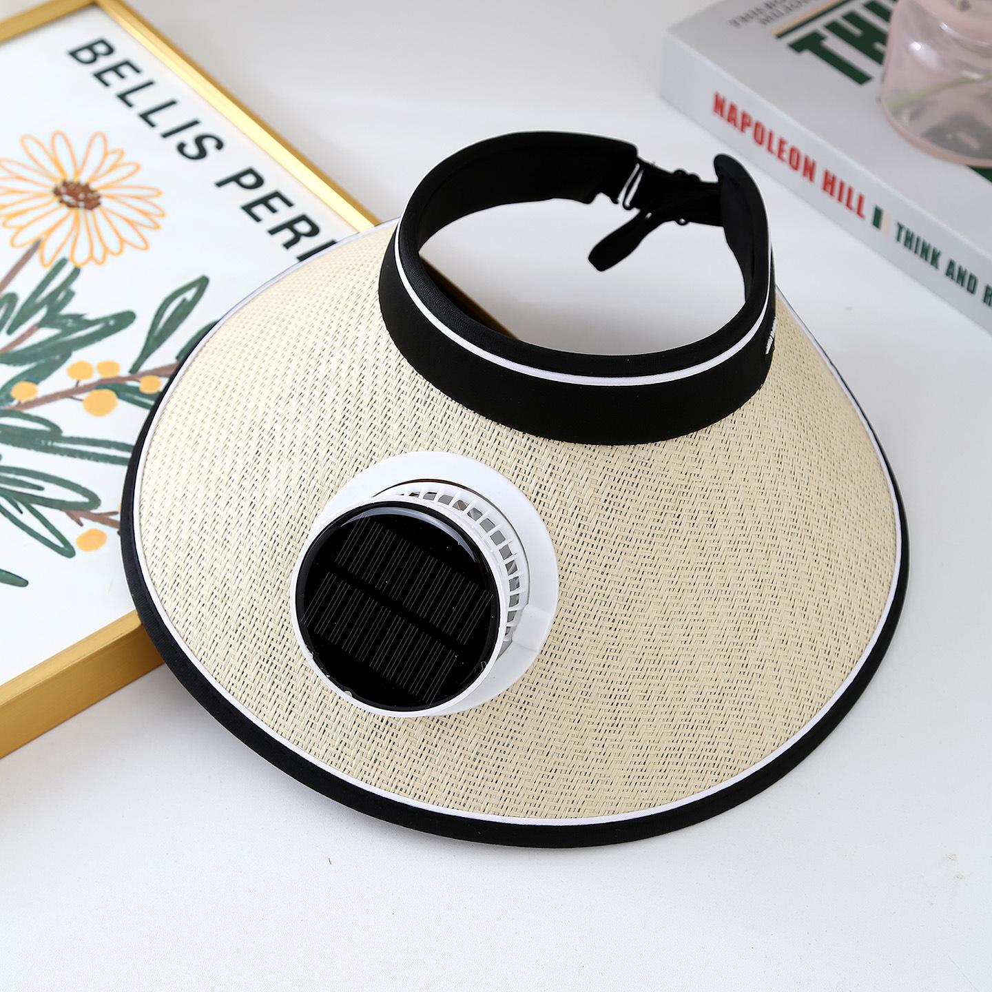

Wide Brim Sun Hat With Built-in Fan Summer Cap Outdoor Straw Visor Hat With Solar/USB Powered Fan For Camping Fishing Hiking