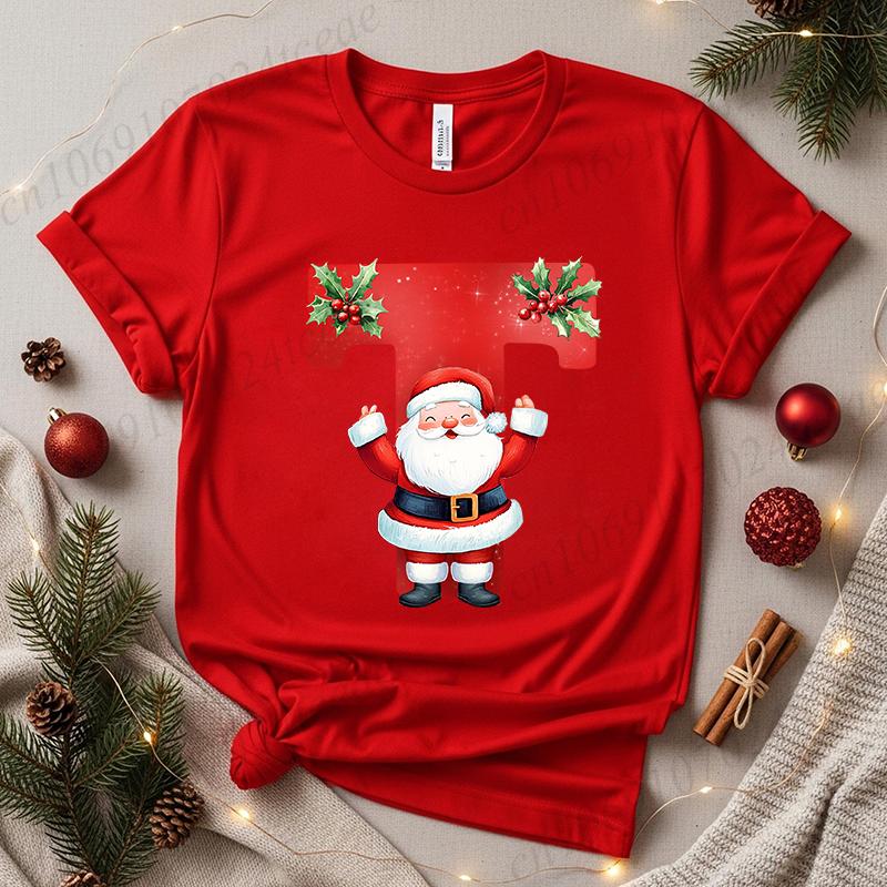Christmas SantaAlphabet Letter Print T-shirt Short Sleeve Crew Neck Casual Top Kids Festive Holiday Women's Clothing Top