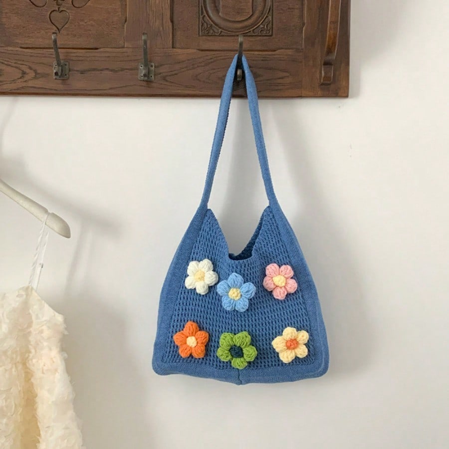 Sac tissé pour femme Sac tricoté à fleurs Sac à main Style vacances Sac de plage Sac à bandoulière blue multicolore