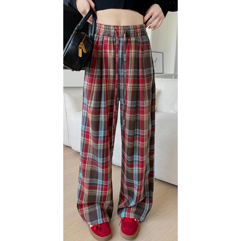 Retro Red Plaid Pants Women In Spring and Autumn New Loose Wide-leg Pants High Waist Casual Floor Trousers