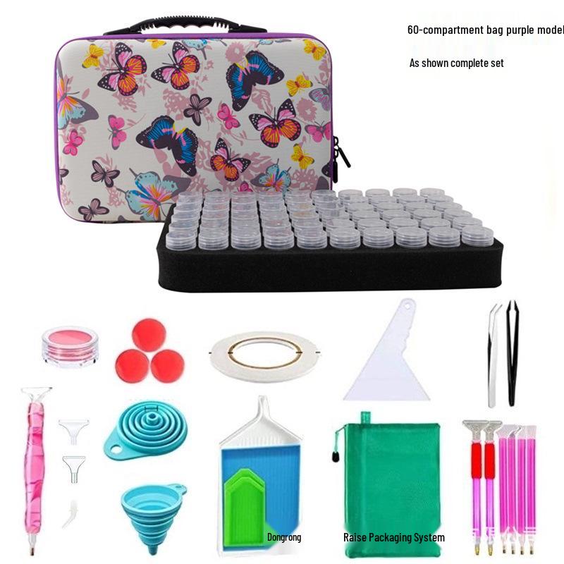 60-Grid Storage Bag for Diamond Painting Drills with Bottles and Dotting Tool Kit