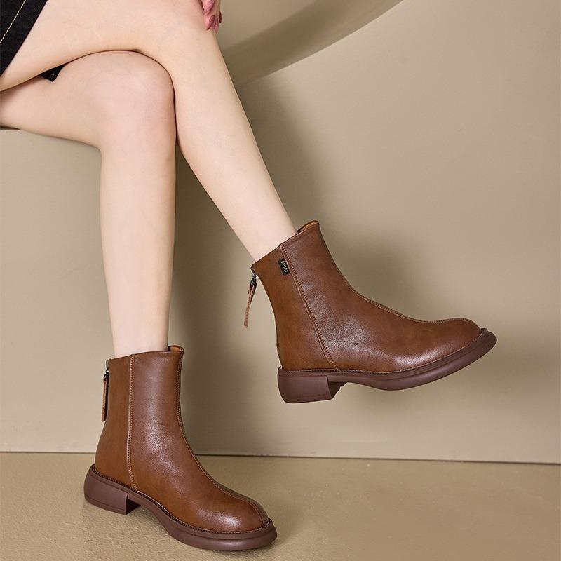 Autumn Leather Retro Martin Boots Women's Rear Zipper Thin Women's Boots One-pedal Casual Women's Shoes