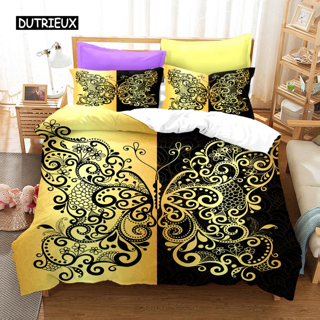 Black Golden Butterfly Duvet Cover Set Pretty Blue Butterfly Bedding Set Women Insect Polyester Comforter Cover for Girls Decor