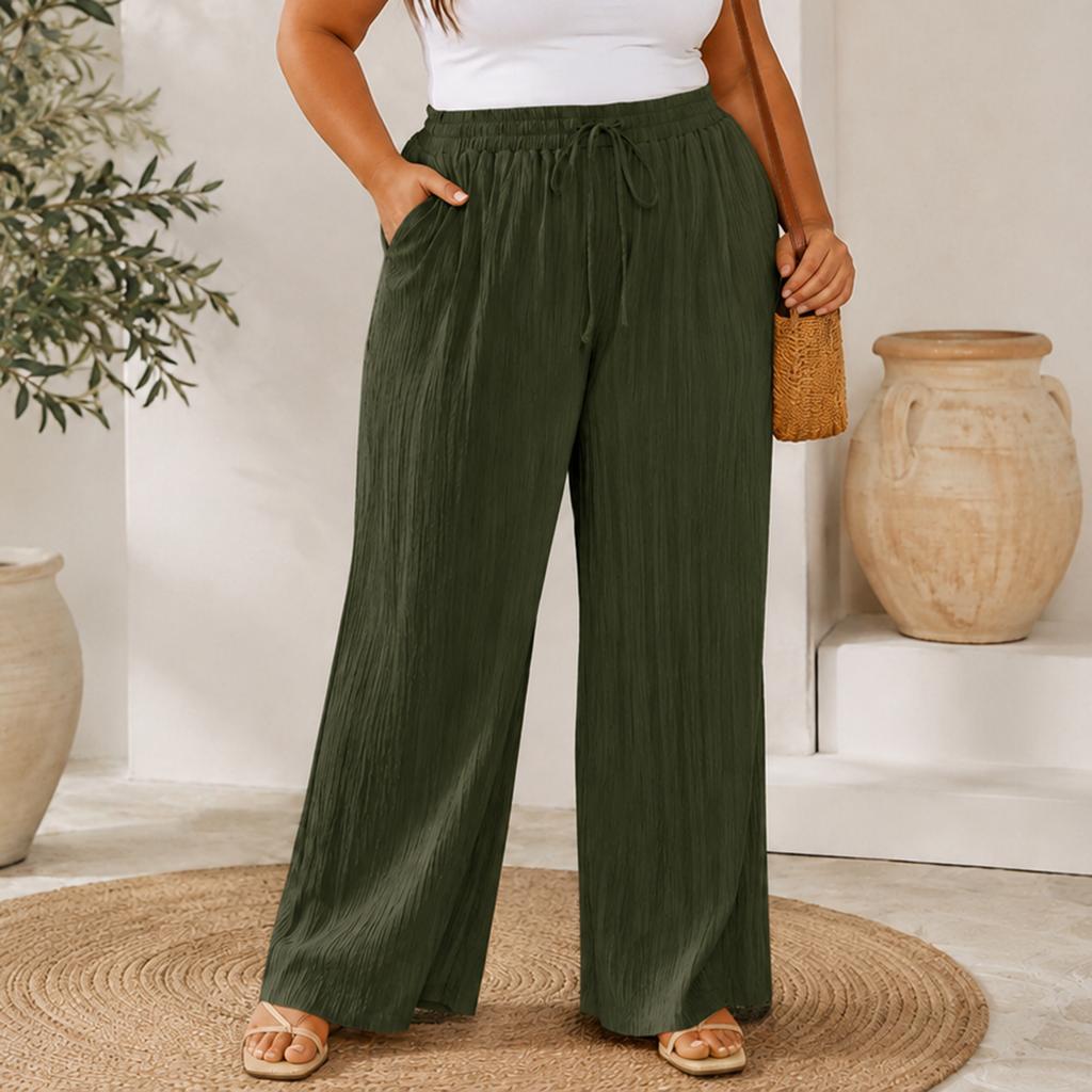 High Waist Loose Fit Wide Leg Pants for Women Drawstring Waistband Relaxed Style Lightweight Fabric Casual Trousers with Pockets