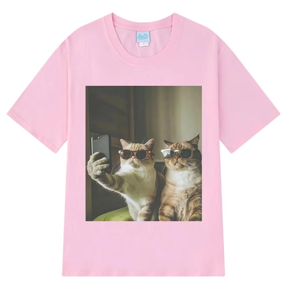 Vintage Selfie Buddy Funny Cat Meme T Shirt Men Women Harajuku Fashion T-shirts Short-sleeved Cotton Hip-hop Casual T-shirts