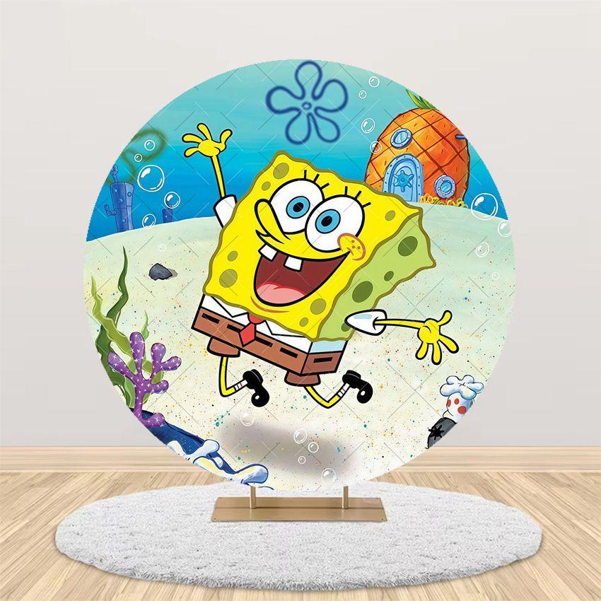 Cartoon SpongeBob Children Birthday Party Round Backdrop Cover Kid Room Decoration Baby Shower Photography Background Props