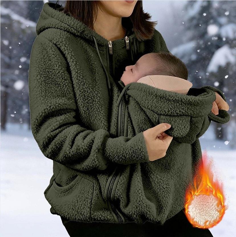 Women's Maternity Hoodie Sherpa Fleece Zip Up Nursing Sweatshirt With Baby Carrier Pouch Solid Color Winter Warm Top