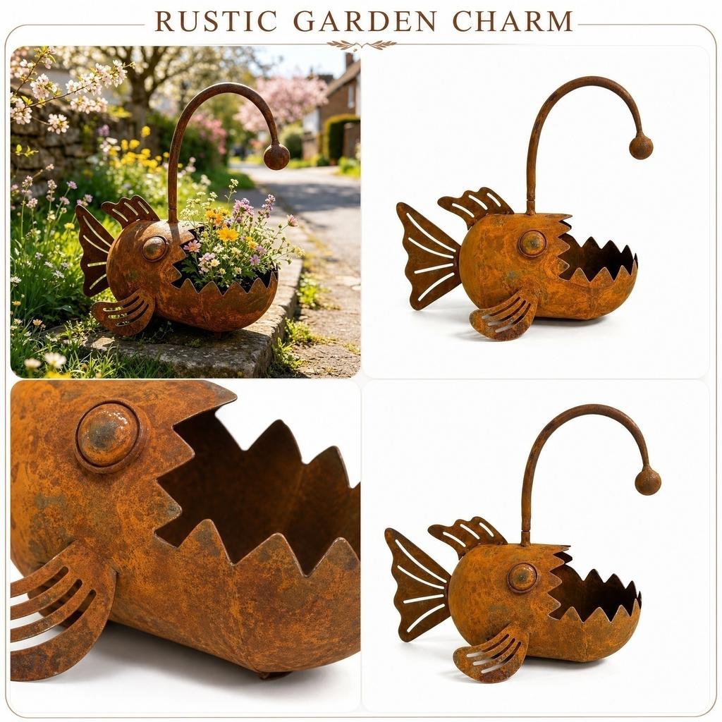 Gartendeko Außen Metalllaterne Fisch Pflanzgefäß Handgefertigte Rost-Optik Skulptur für Terrasse Hof Weg Balkon