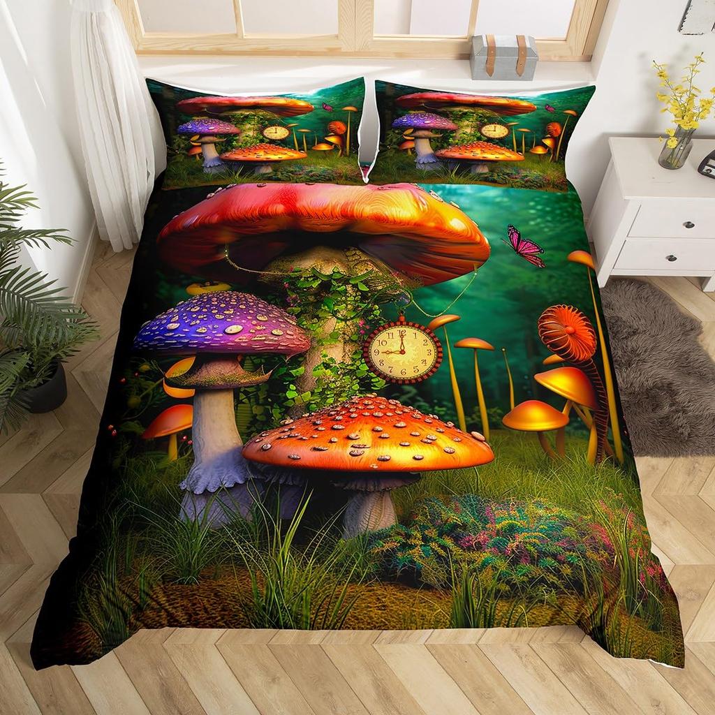 Fantasy-Pilz-Bettwäsche-Sets für Kinder Queen Leichte Steppdeckenbezüge Buntes Natürliches Wildpilz-Bettwäsche-Set Schlafzimmerdekoration