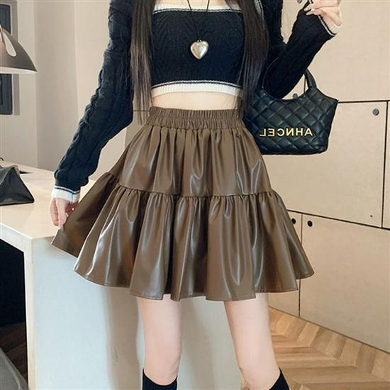 Women s High-Waisted A-Line Flared PU Leather Skirt - Retro Style for Petite, Autumn/Winter 2025 3XL кофейный