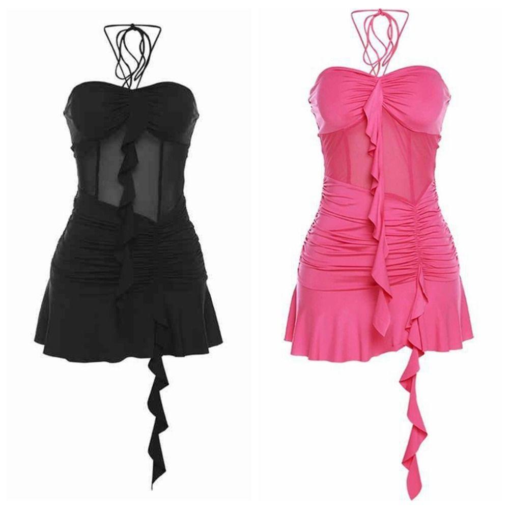 Sleeveless Ruffle Edge Lace Dress Slim Fit Halter Camisole Dress Women Halter Neck Dress Travel