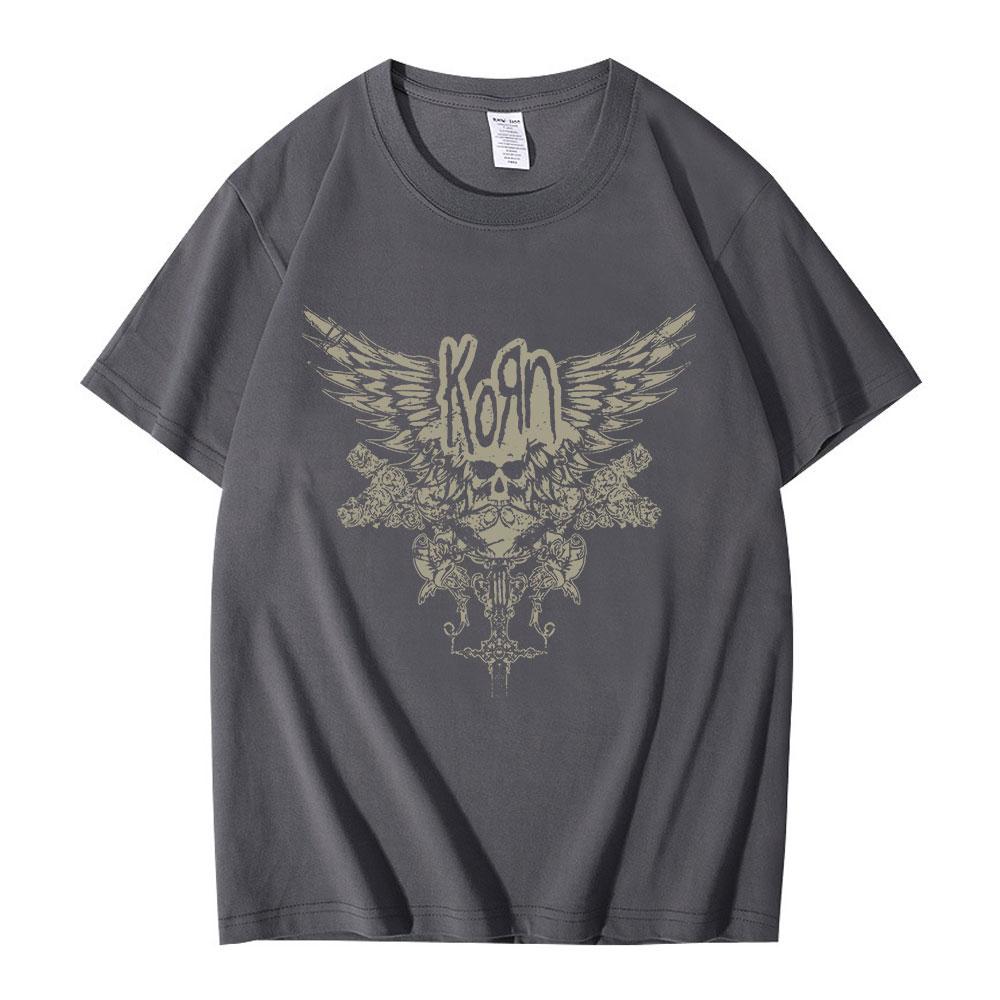Korn Skull Wings Girls Juniors Black T Shirt Metal Gothic Rock Band T Shirts Unisex Women Vintage Oversized Tshirt Tops Streetwear