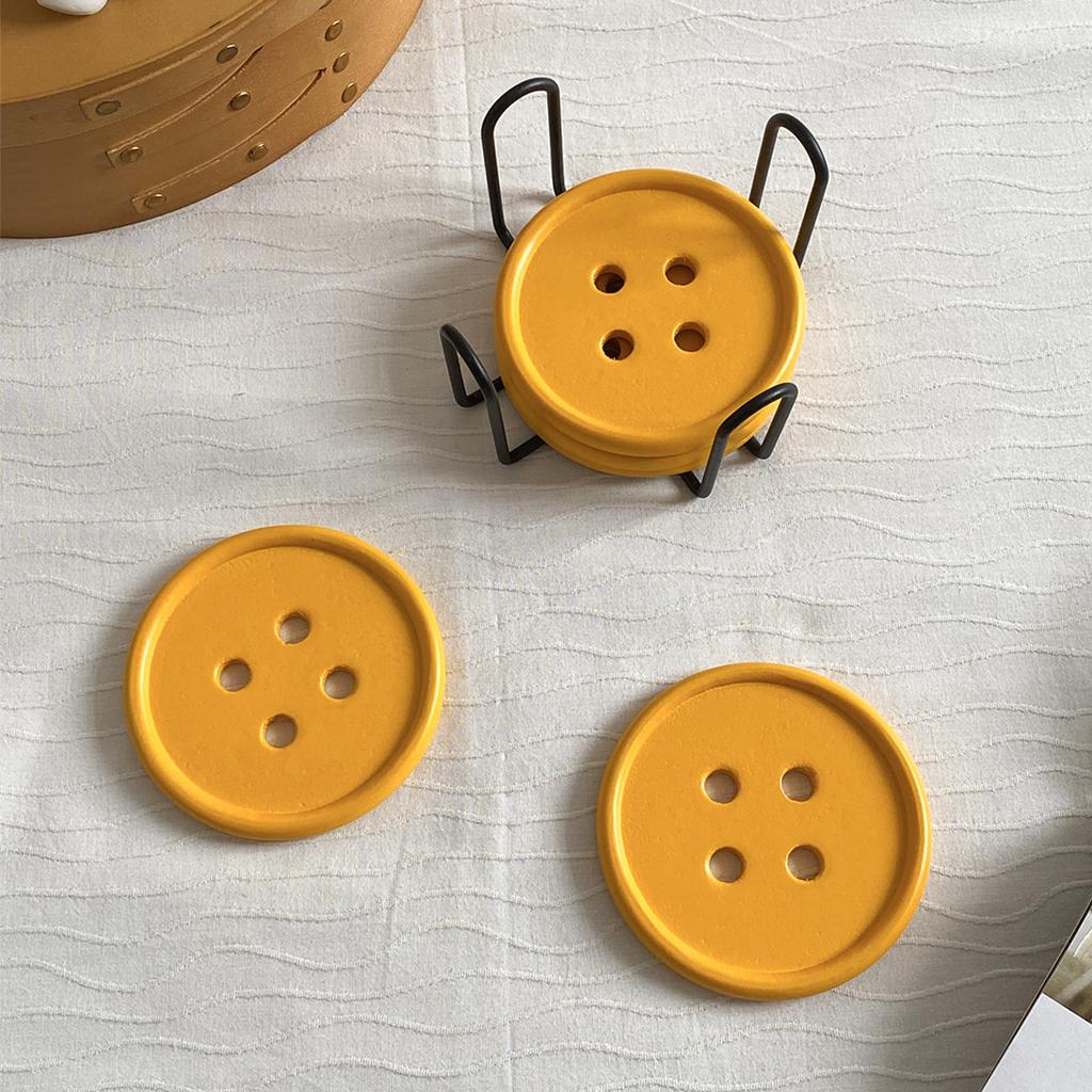6-Piece Original Colorful Button Coaster Set with Cross-Shaped Iron Rack Coaster Holder Dopamine Round Wooden Coasters Exquisite Coffee Cup Holders