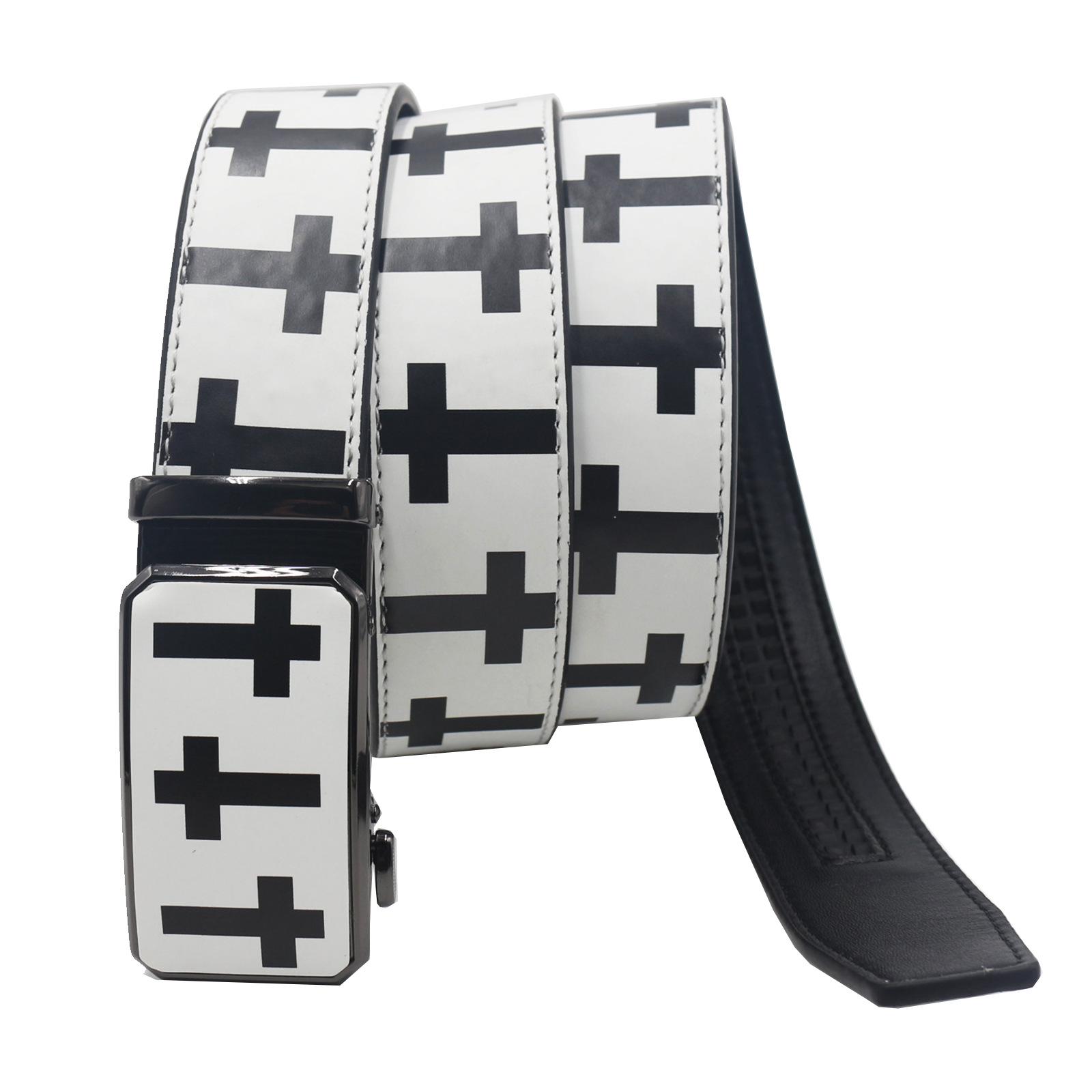 

European American Graffiti Print Automatic Buckle Leather Belt - White Cross Design 115 cm