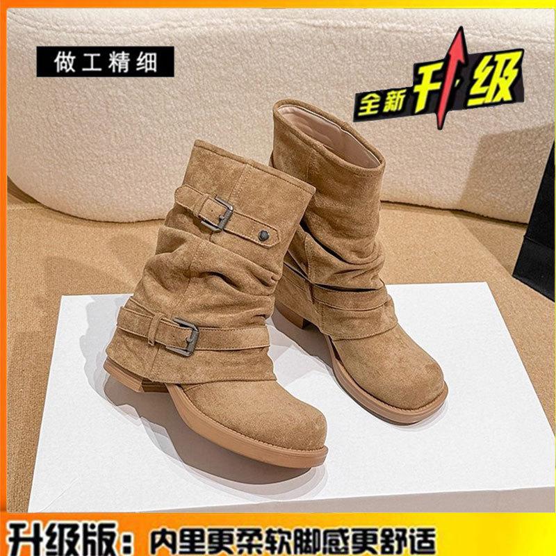 Top layer cowhide~ thick heel pleated pile short boots women's autumn and winter Maillard vintage western trousers Martin boots