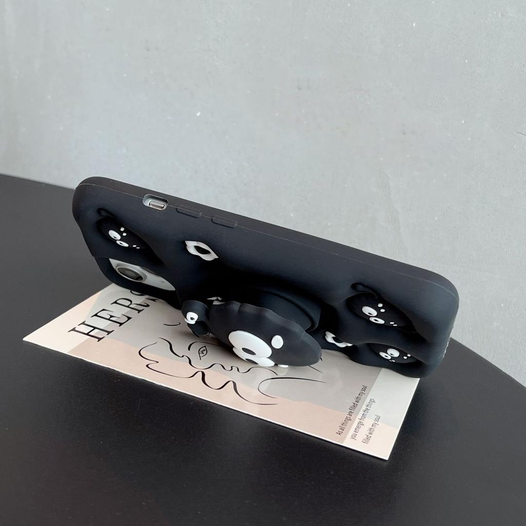 For iPhone 15 Cover Cartoon Briquette Kickstand Drop-Proof Silicone Phone Case