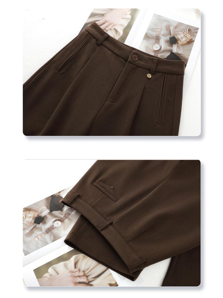 2024 Women's Beige Wool Wide-Leg Slimming High-Waisted Casual Pants