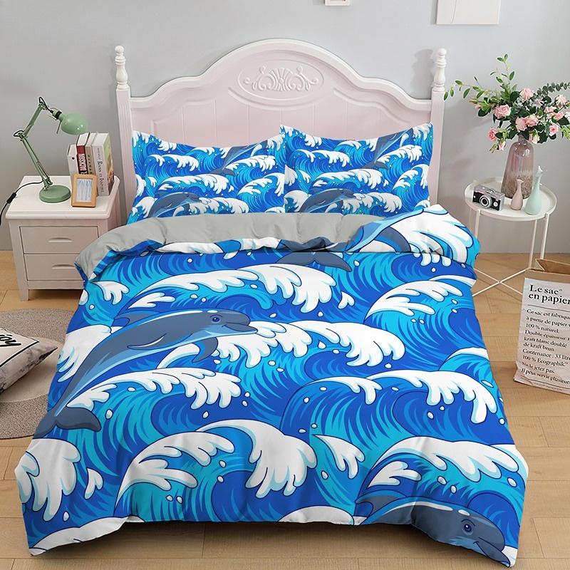 Dolphin Ocean King Queen Duvet Cover Cute 3D Sea Animal Bedding Set for Kids Teens Adults Shoal of Fish Blue 2/3pcs Quilt Cover