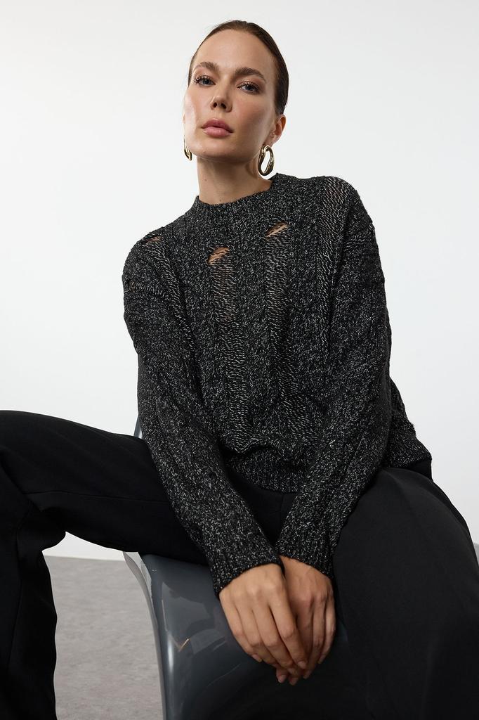 Women's Elegance Style Sweater Black Cotton Hair Knit Knitwear Sweater
