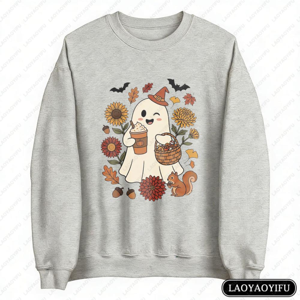 Cute Ghost Pumpkin Spice Latte Pullovers Cozy Halloween Sweatshirt Retro Fall Season Hoodie Autumn Sunflowers Spooky Season Gift