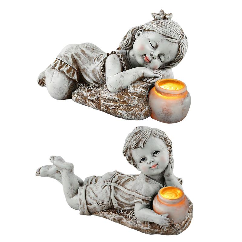 Garden Resin Child Sculpture Cute Resin Little Boy Girl Statue Solar Sculpture Indoor Outdoor Flower Bed Ornaments Photography