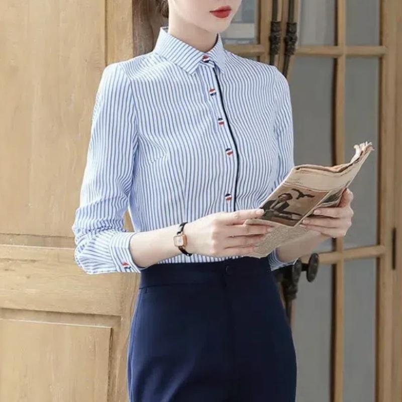 Spring Thin Striped Blouses Women's Commute All-match Polo Collar Loose Solid Color Casual Single-breasted Long Sleeve Shirts