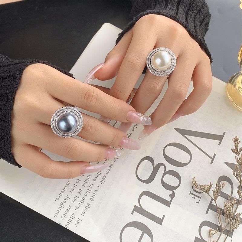 Jewelry Copper Platinum Plated Pearl Temperament Simple Design Ring 14Mm