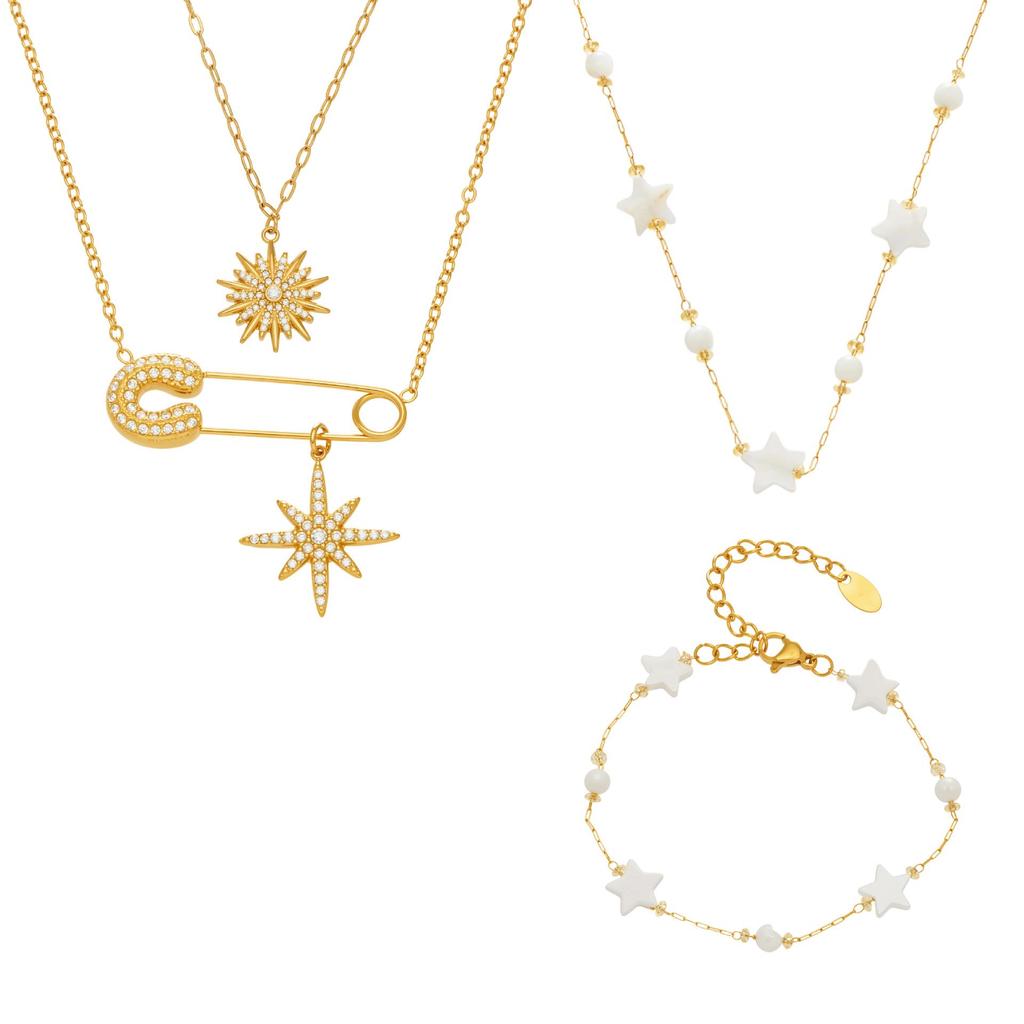 INS Inspired Design: 5A Zircon Star and Sunflower Brooch & Necklace Bracelet Set