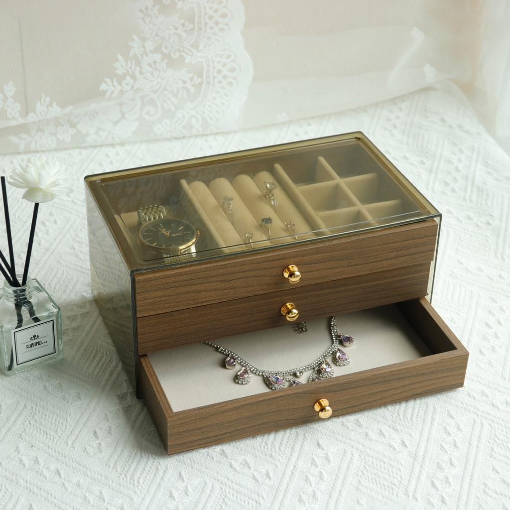 Vintage Walnut Jewelry Organizer Earrings Necklace Dust Jewelry Box Home Desktop Large Capacity 3 Layer Jewelry Box