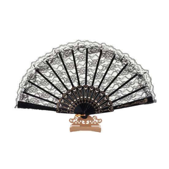 

Vintage Lace Folding Fan Plastic Ribs Hand Held Fan Portable Summer Cooling Fan Wedding Dance Party Performance Props чёрный