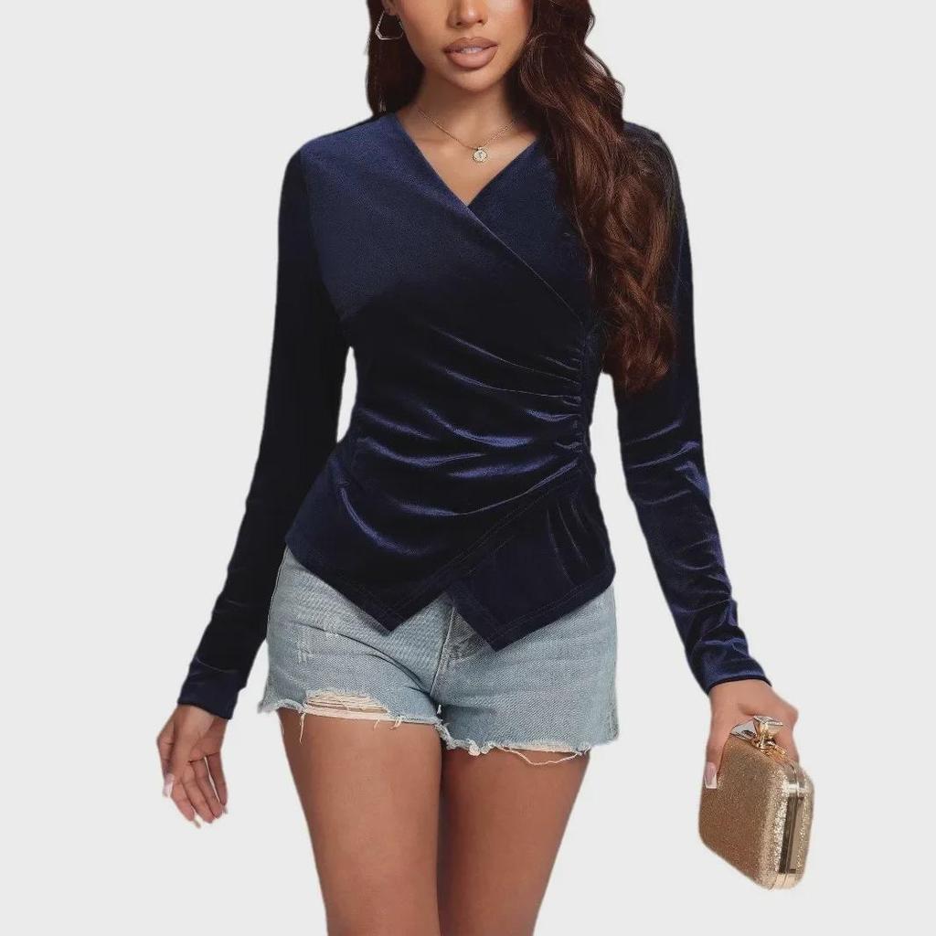 Gold Velvet Long-Sleeve Irregular V-Neck Top - Sexy Retro Waist Design for Women