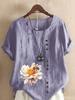 Damenmode Blume Biene Print Rundhals Kurzarm T-Shirt Lässig Baumwolle Leinen Grafikshirt Freizeit Locker Sommer Bluse Oberteile