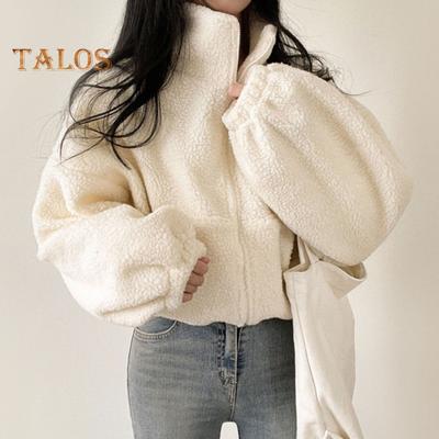 Women Winter Coat Thick Fleece Stand Collar Neck Protection Zip-up Short Type Cardigan Long Sleeves Cold-proof Outerwear School Outdoor Jacket