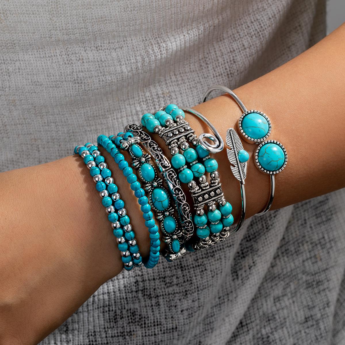 

8 pieces of retro turquoise bead geometric pattern elastic bracelet set, metal feather opening women s bracelet
