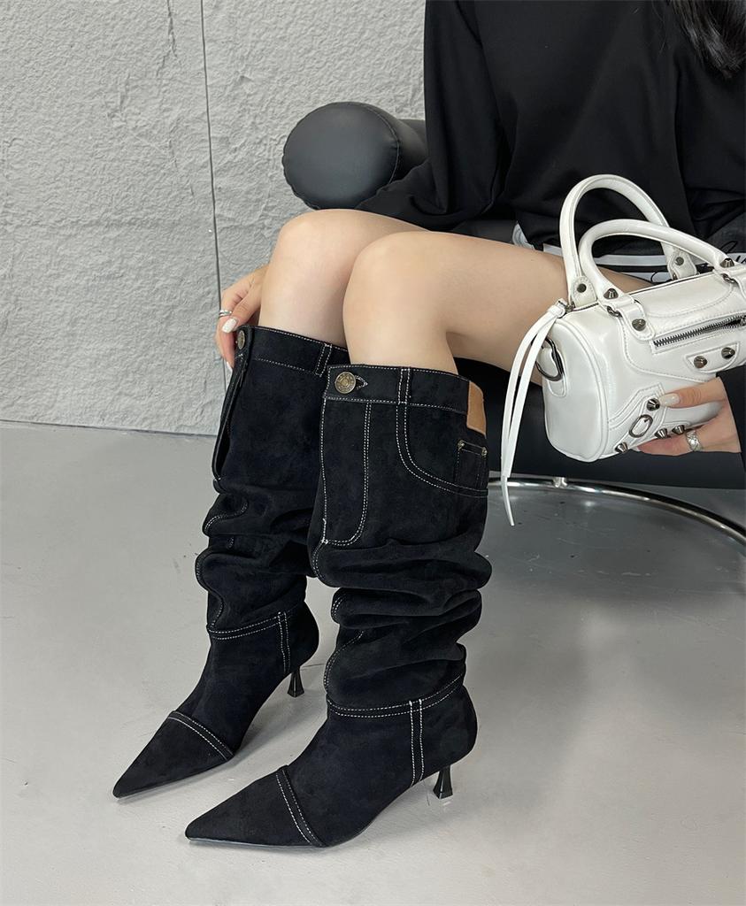 French Pointed High-heeled Western Cowboy Boots Women's Autumn and Winter New Models But Knee Women's Boots Trend Stacking Boots Fashion Boots