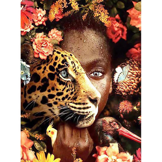 5D DIY diamantová malba Zvířecí květina Africká dáma Plná Kulatá Diamantová mozaiková nálepka Diamantový křížový steh Domácí dekorace