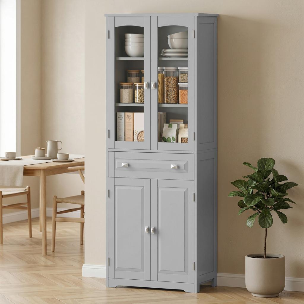 Freestanding Kitchen Cupboard, Storage Cabinet with 2 Adjustable Shelves, Drawer and Glass Door for Living Room, Grey
